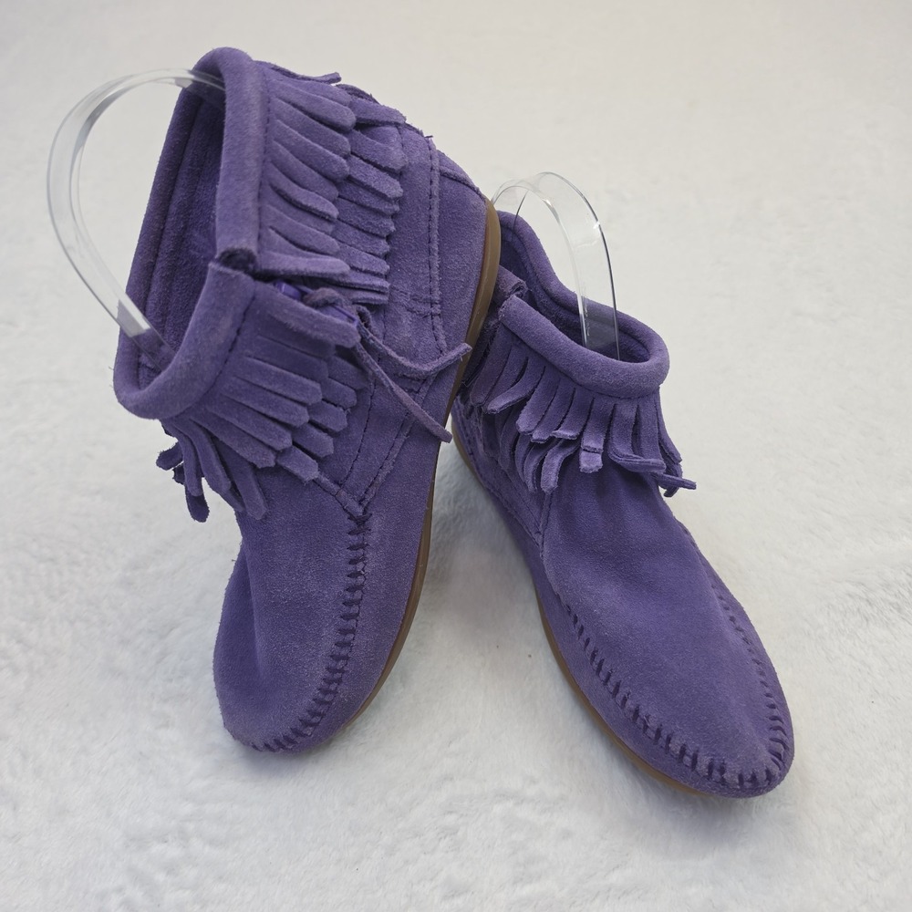 Minnetonka Kids Purple Suede Fringe Moccasin Ankle Boots Youth Size 1